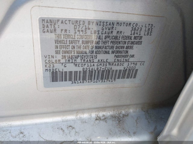 Продаж на аукціоні авто 2016 Nissan Sentra S, vin: 3N1AB7AP1GY317419, номер лоту: 44536120