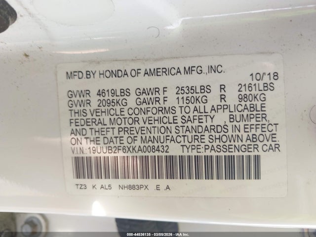 44536135 :رقم المزاد ، 19UUB2F6XKA008432 vin ، 2019 Acura Tlx Tech   A-spec Pkgs مزاد بيع