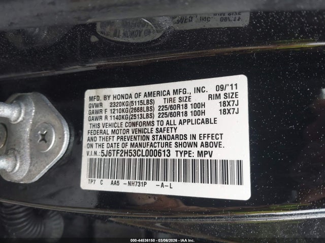 44536150 :رقم المزاد ، 5J6TF2H53CL000613 vin ، 2012 Honda Crosstour Ex-l مزاد بيع