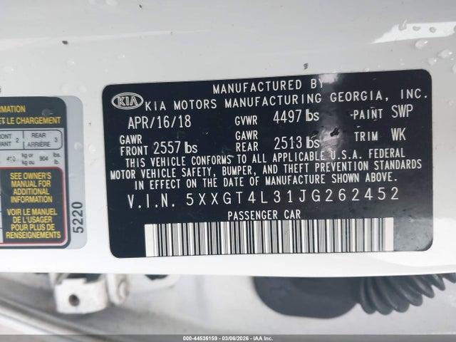 44536159 :رقم المزاد ، 5XXGT4L31JG262452 vin ، 2018 Kia Optima Lx مزاد بيع