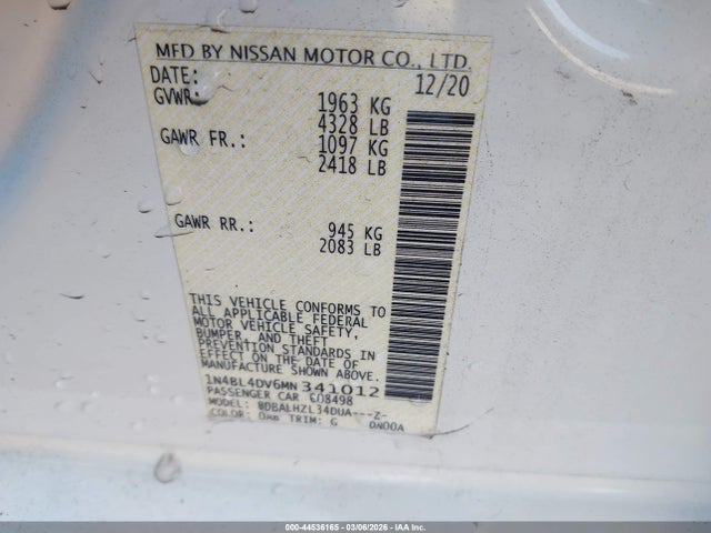1N4BL4DV6MN341012 Nissan Altima Sv Fwd