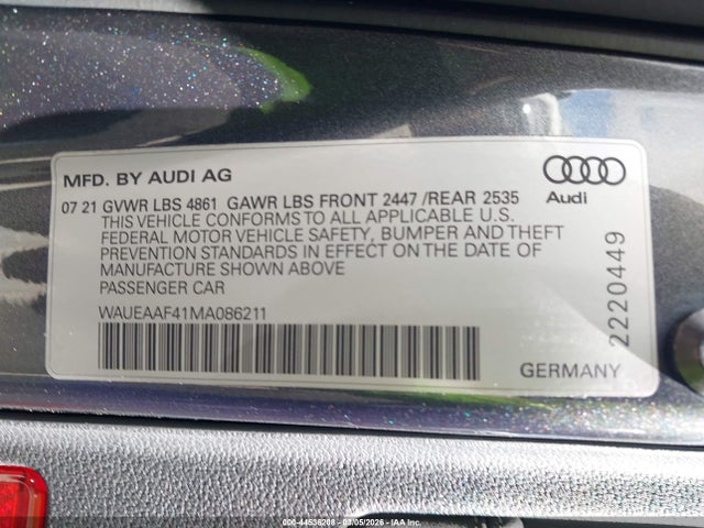 Aukcja sprzedaży 2021 Audi A4 Premium Plus 45 Tfsi S Line Quattro S Tronic, vin: WAUEAAF41MA086211, numer aukcji: 44536208