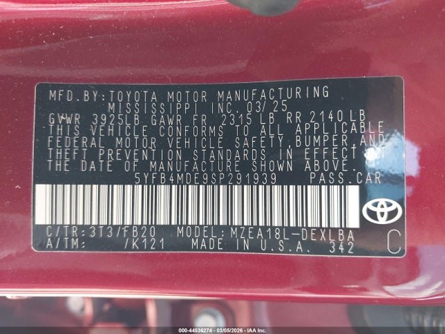 Продажа на аукционе авто 2025 Toyota Corolla Le, vin: 5YFB4MDE9SP291939, номер лота: 44536274