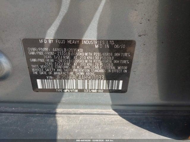 Aukcja sprzedaży 2010 Subaru Forester 2.5x, vin: JF2SH6BC4AH901033, numer aukcji: 44536288