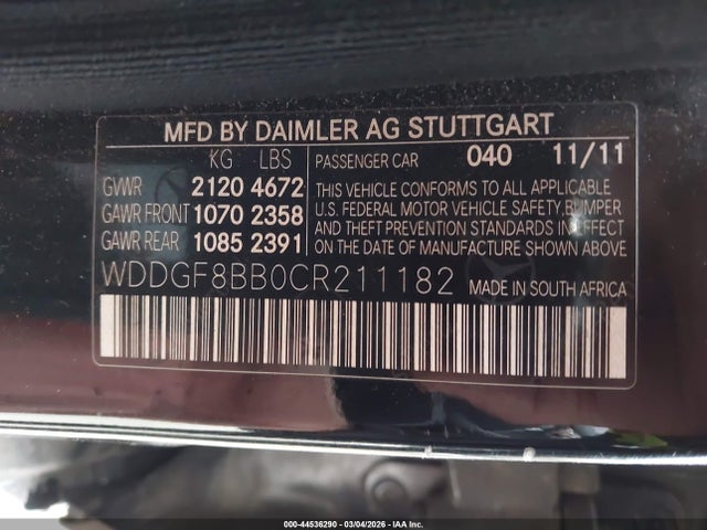 44536290 :رقم المزاد ، WDDGF8BB0CR211182 vin ، 2012 Mercedes-benz C 300 Luxury 4matic/sport 4matic مزاد بيع