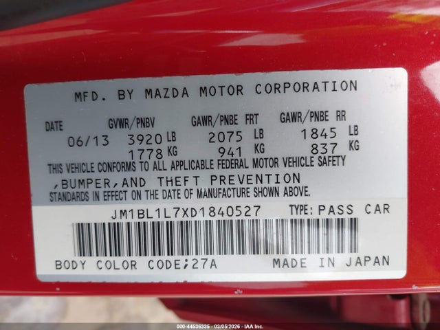 Aukcja sprzedaży 2013 Mazda Mazda3 I Touring, vin: JM1BL1L7XD1840527, numer aukcji: 44536335