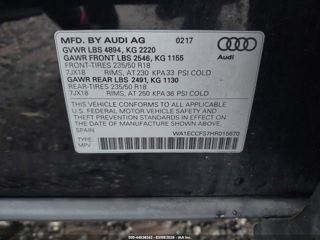 44536342 :رقم المزاد ، WA1ECCFS7HR015670 vin ، 2017 Audi Q3 2.0t Premium مزاد بيع