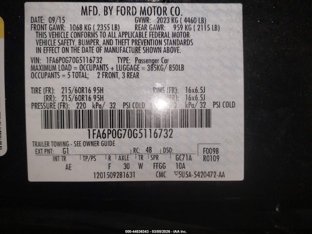 44536343 :رقم المزاد ، 1FA6P0G70G5116732 vin ، 2016 Ford Fusion S مزاد بيع