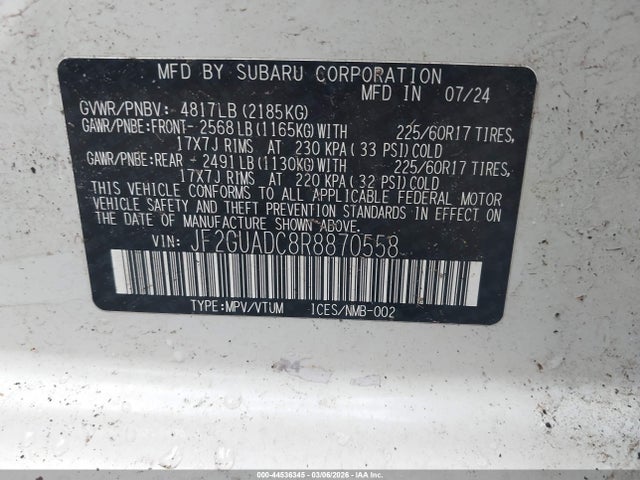 2024 Subaru Crosstrek Premium მანქანა იყიდება აუქციონზე, vin: JF2GUADC8R8870558, აუქციონის ნომერი: 44536345