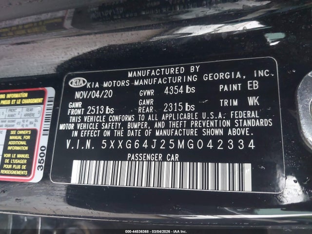 Aukcja sprzedaży 2021 Kia K5 Gt-line, vin: 5XXG64J25MG042334, numer aukcji: 44536368
