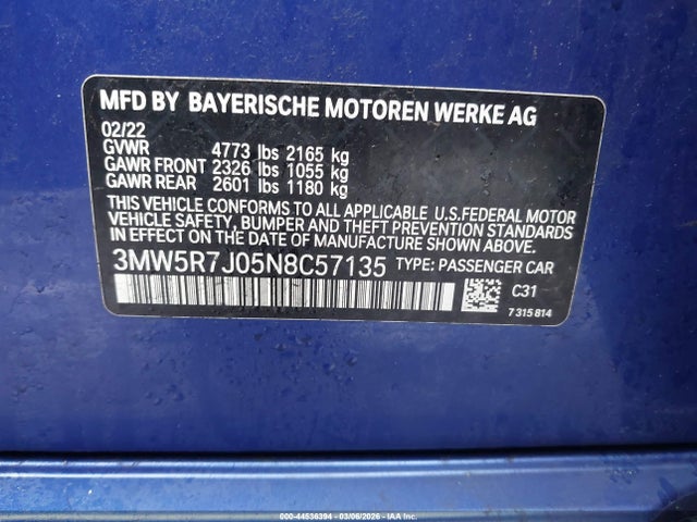 Aukcja sprzedaży 2022 Bmw 330i Xdrive, vin: 3MW5R7J05N8C57135, numer aukcji: 44536394