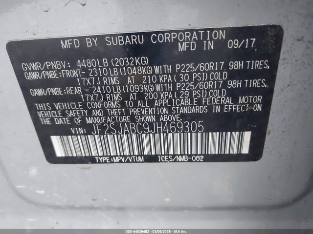 Продаж на аукціоні авто 2018 Subaru Forester 2.5i, vin: JF2SJABC9JH469305, номер лоту: 44536402