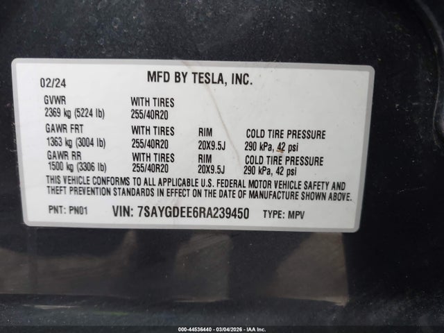 44536440 :رقم المزاد ، 7SAYGDEE6RA239450 vin ، 2024 Tesla Model Y Long Range Dual Motor All-wheel Drive مزاد بيع