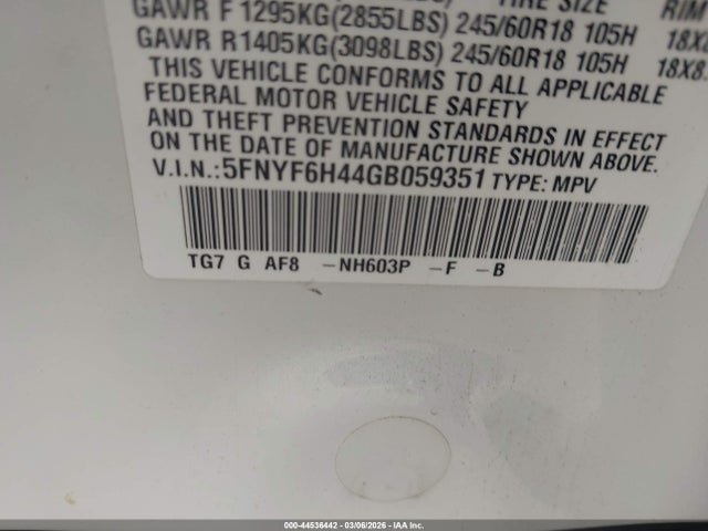 44536442 :رقم المزاد ، 5FNYF6H44GB059351 vin ، 2016 Honda Pilot Ex مزاد بيع