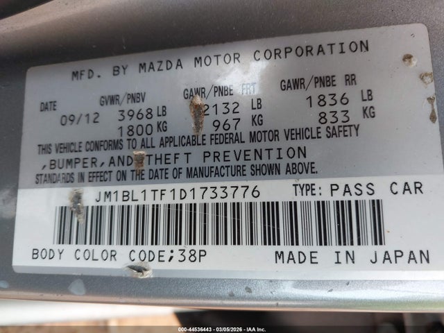 Aukcja sprzedaży 2013 Mazda Mazda3 I Sv, vin: JM1BL1TF1D1733776, numer aukcji: 44536443