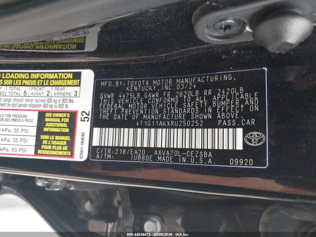 Продажа на аукционе авто 2024 Toyota Camry Se, vin: 4T1G11AKXRU250252, номер лота: 44536472