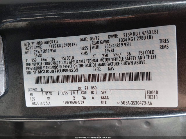 Aukcja sprzedaży 2019 Ford Escape Titanium, vin: 1FMCU0J97KUB94239, numer aukcji: 44536534