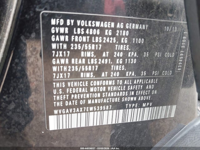 Aukcja sprzedaży 2014 Volkswagen Tiguan Se, vin: WVGAV3AX7EW539587, numer aukcji: 44536537