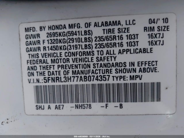 2010 HONDA ODYSSEY 5FNRL3H77AB074357 Photo 8