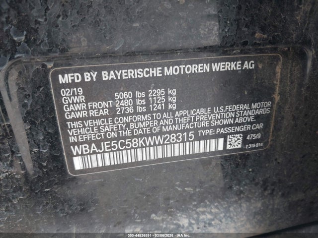 Aukcja sprzedaży 2019 Bmw 540i, vin: WBAJE5C58KWW28315, numer aukcji: 44536591