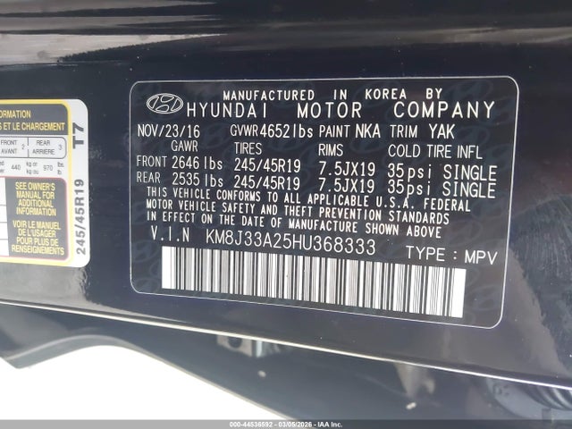 44536592 :رقم المزاد ، KM8J33A25HU368333 vin ، 2017 Hyundai Tucson Limited مزاد بيع