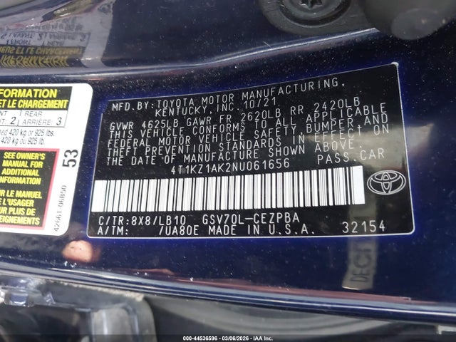 Aukcja sprzedaży 2022 Toyota Camry Xse V6, vin: 4T1KZ1AK2NU061656, numer aukcji: 44536596