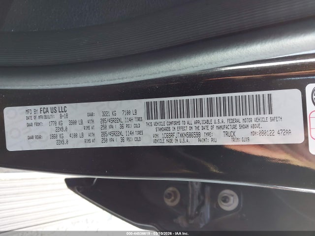 44536619 :رقم المزاد ، 1C6SRFJTXKN586598 vin ، 2019 Ram 1500 Laramie  4x4 5'7 Box مزاد بيع