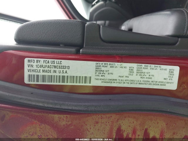44536622 :رقم المزاد ، 1C4RJFAG7MC633313 vin ، 2021 Jeep Grand Cherokee Laredo X 4x4 مزاد بيع
