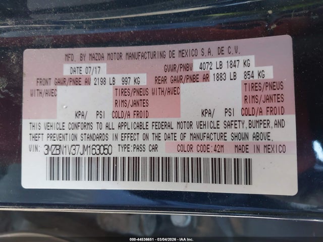 Auction sale of the 2018 Mazda Mazda3 Touring, vin: 3MZBN1V37JM163050, lot number: 44536651