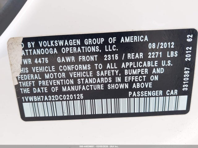 Продаж на аукціоні авто 2013 Volkswagen Passat 2.5l Se, vin: 1VWBH7A32DC020125, номер лоту: 44536681