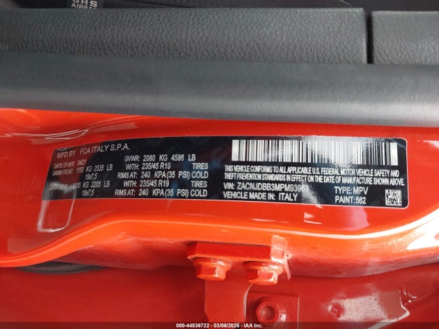 44536722 :رقم المزاد ، ZACNJDBB3MPM93968 vin ، 2021 Jeep Renegade 80th Anniversary 4x4 مزاد بيع