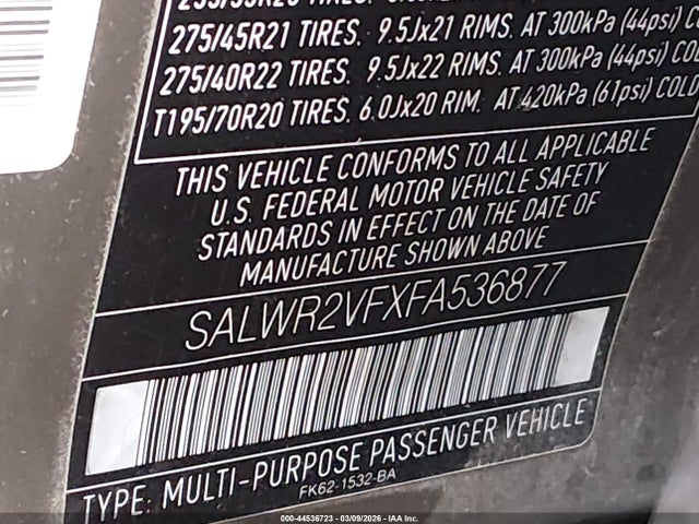 44536723 :رقم المزاد ، SALWR2VFXFA536877 vin ، 2015 Land Rover Range Rover Sport 3.0l V6 Supercharged Hse مزاد بيع