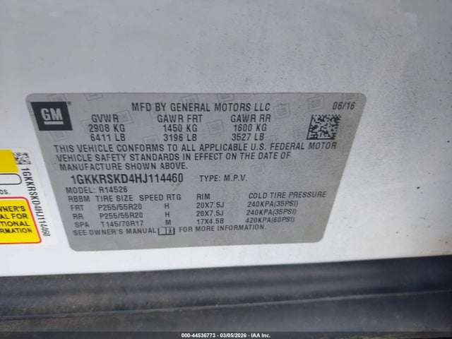 Aukcja sprzedaży 2017 Gmc Acadia Limited, vin: 1GKKRSKD4HJ114460, numer aukcji: 44536773
