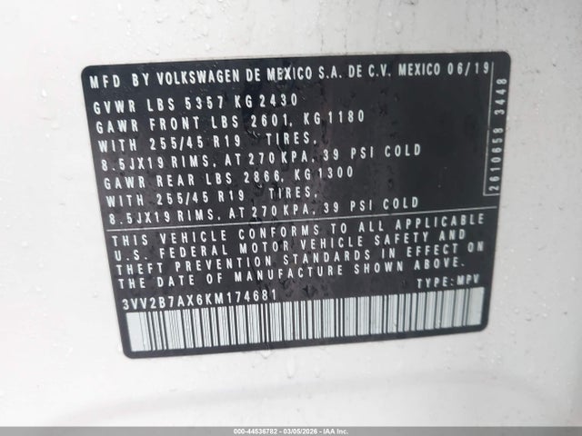 Auction sale of the 2019 Volkswagen Tiguan 2.0t Se/2.0t Sel/2.0t Sel R-line/2.0t Sel R-line Black, vin: 3VV2B7AX6KM174681, lot number: 44536782
