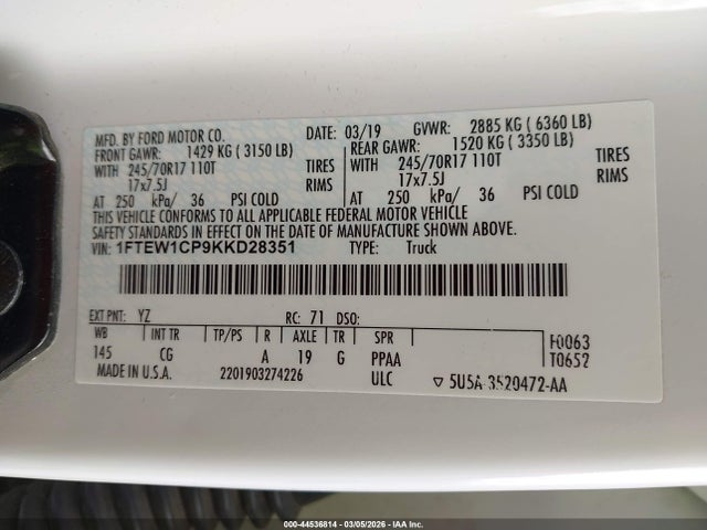 44536814 :رقم المزاد ، 1FTEW1CP9KKD28351 vin ، 2019 Ford F-150 Xl مزاد بيع