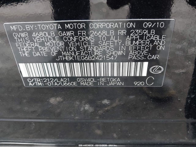 Продажа на аукционе авто 2011 Lexus Es 350, vin: JTHBK1EG6B2421547, номер лота: 44536828
