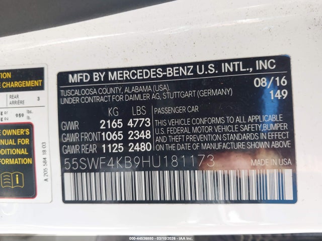 Продаж на аукціоні авто 2017 Mercedes-benz C 300 4matic, vin: 55SWF4KB9HU181173, номер лоту: 44536880