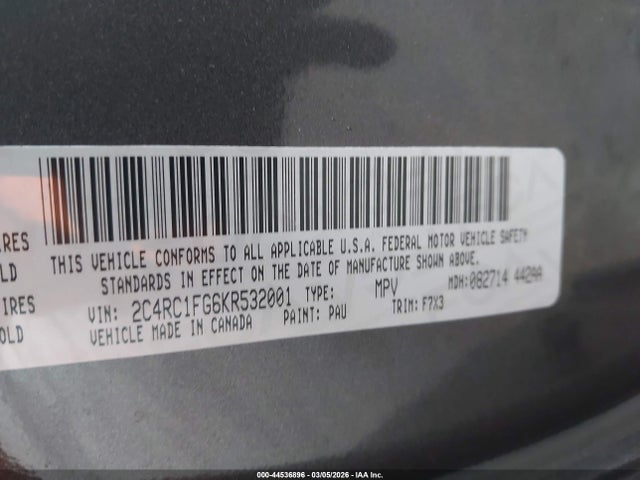 2019 Chrysler Pacifica Touring Plus მანქანა იყიდება აუქციონზე, vin: 2C4RC1FG6KR532001, აუქციონის ნომერი: 44536896