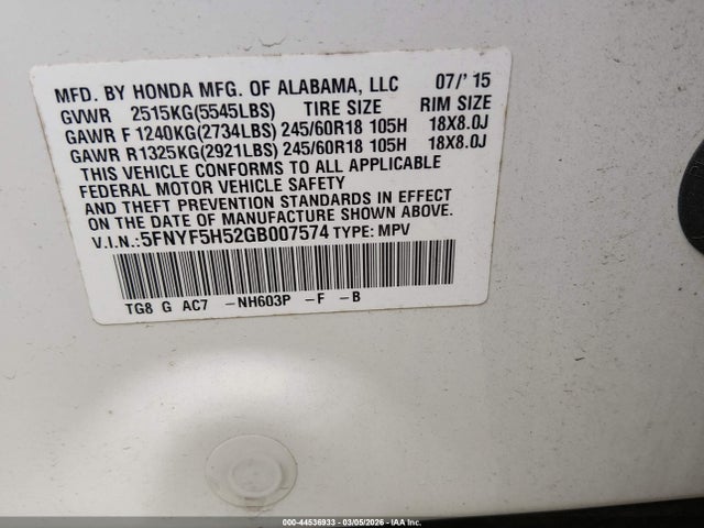 44536933 :رقم المزاد ، 5FNYF5H52GB007574 vin ، 2016 Honda Pilot Ex-l مزاد بيع