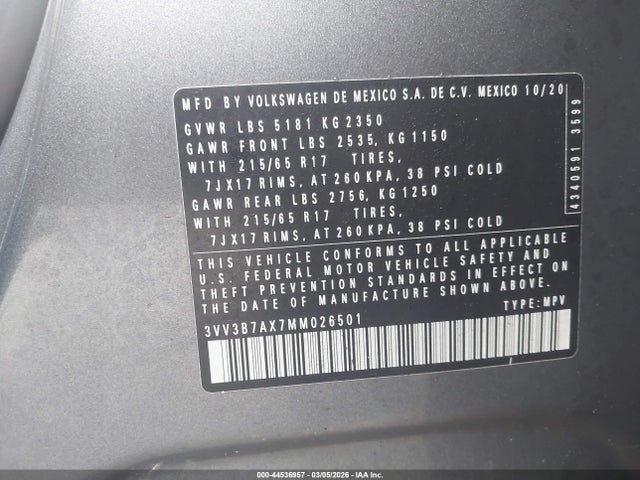 Продажа на аукционе авто 2021 Volkswagen Tiguan 2.0t Se/2.0t Se R-line Black/2.0t Sel, vin: 3VV3B7AX7MM026501, номер лота: 44536957
