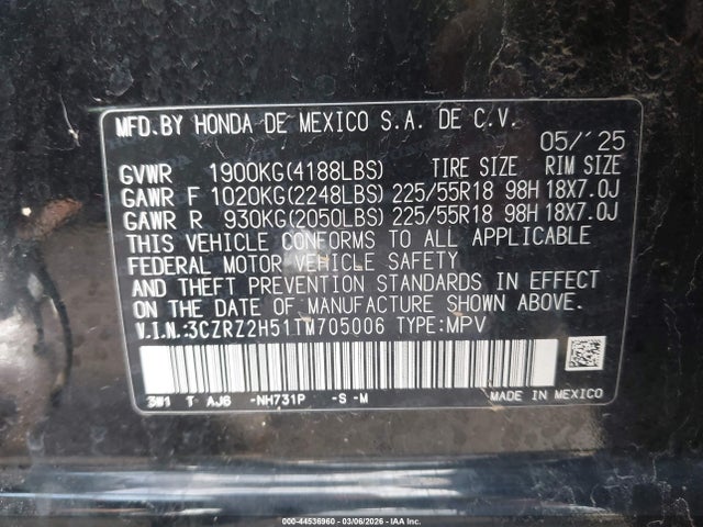 Aukcja sprzedaży 2026 Honda Hr-v Awd Sport, vin: 3CZRZ2H51TM705006, numer aukcji: 44536960