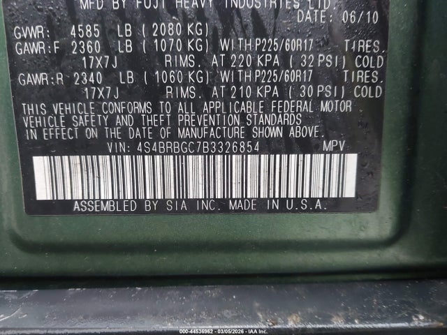 44536962 :رقم المزاد ، 4S4BRBGC7B3326854 vin ، 2011 Subaru Outback 2.5i Premium مزاد بيع