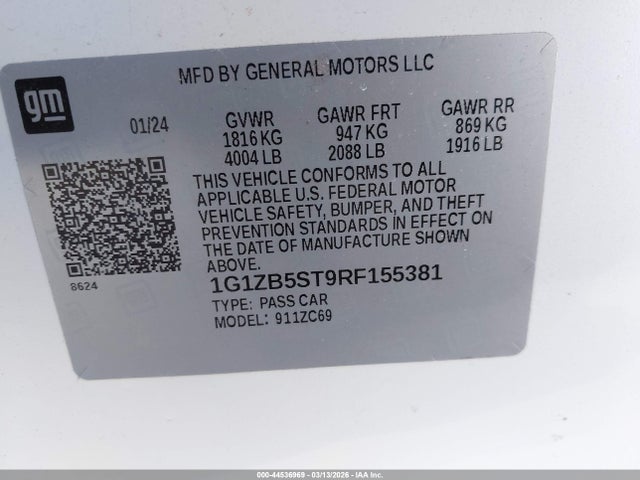 2024 Chevrolet Malibu Fwd Ls მანქანა იყიდება აუქციონზე, vin: 1G1ZB5ST9RF155381, აუქციონის ნომერი: 44536969