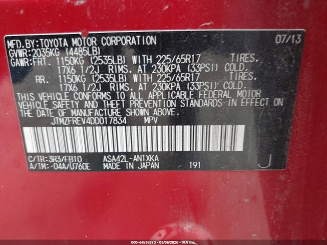 44536970 :رقم المزاد ، JTMZFREV4DD017834 vin ، 2013 Toyota Rav4 Le مزاد بيع