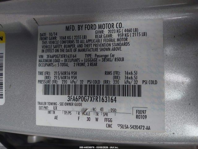 Ford FUSION S 2015 3FA6P0G7XFR163164 Image 9