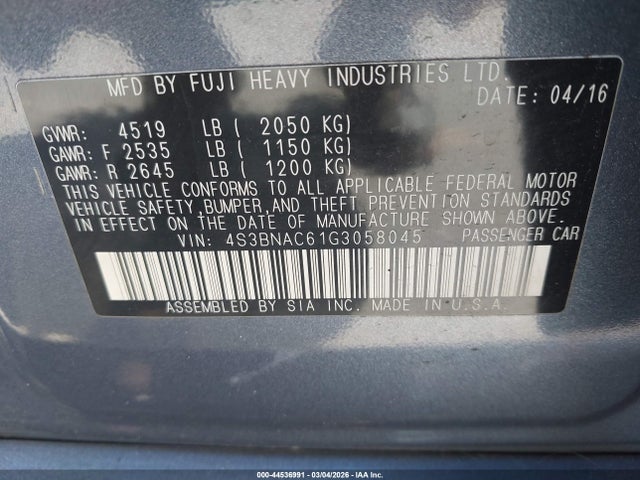 Продаж на аукціоні авто 2016 Subaru Legacy 2.5i Premium, vin: 4S3BNAC61G3058045, номер лоту: 44536991