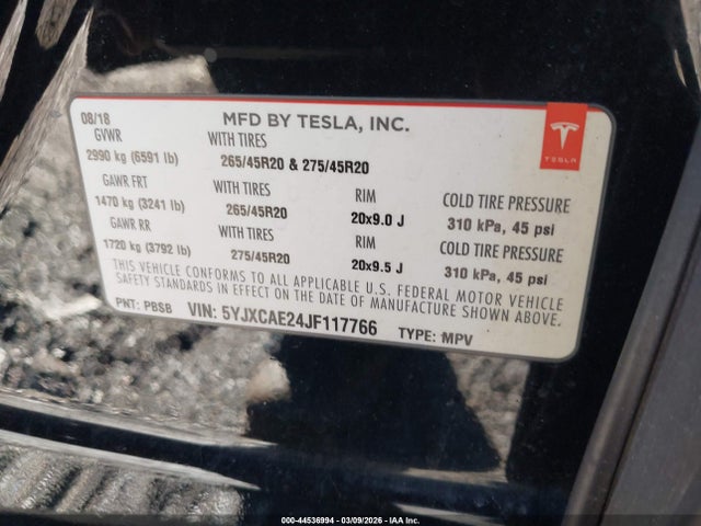 Продаж на аукціоні авто 2018 Tesla Model X 100d/75d/p100d, vin: 5YJXCAE24JF117766, номер лоту: 44536994