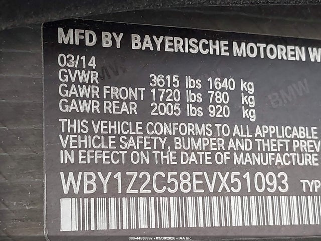 Aukcja sprzedaży 2014 Bmw I3, vin: WBY1Z2C58EVX51093, numer aukcji: 44536997