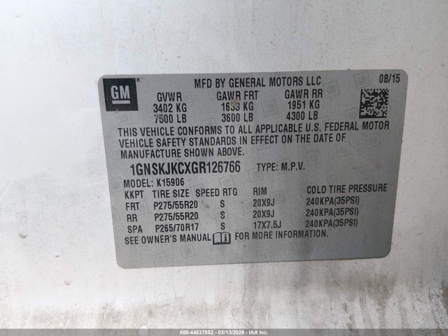 Aukcja sprzedaży 2016 Chevrolet Suburban Ltz, vin: 1GNSKJKCXGR126766, numer aukcji: 44537052