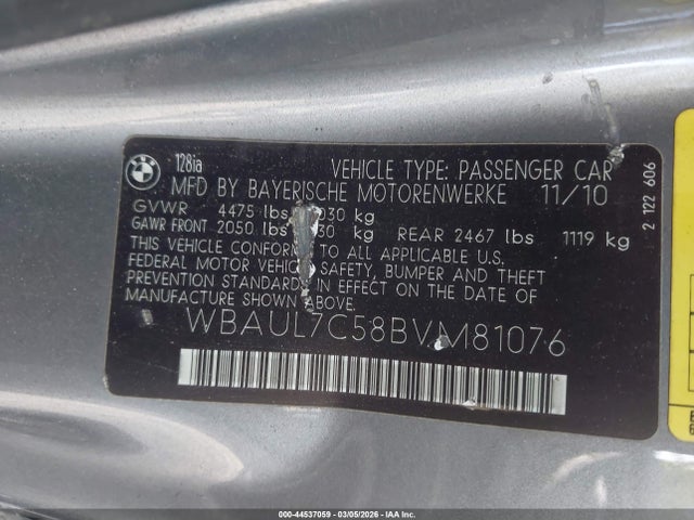 Продажа на аукционе авто 2011 Bmw 128i, vin: WBAUL7C58BVM81076, номер лота: 44537059